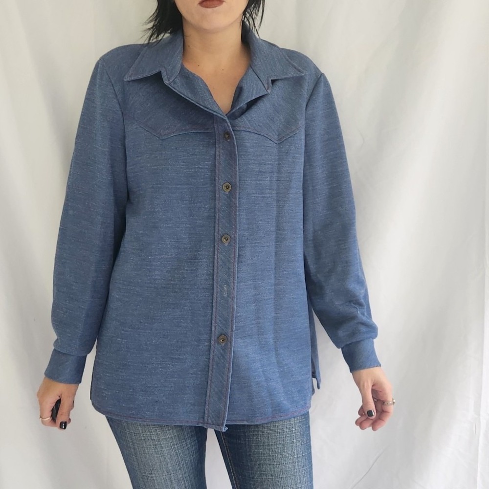 70s Blue Western Style Button Down Shirt